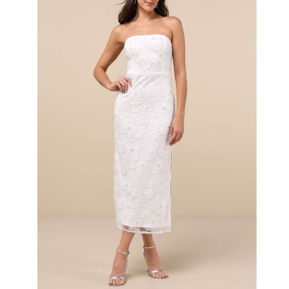 LULUS Loving Mentality White Tulle Beaded Strapless Midi Dress